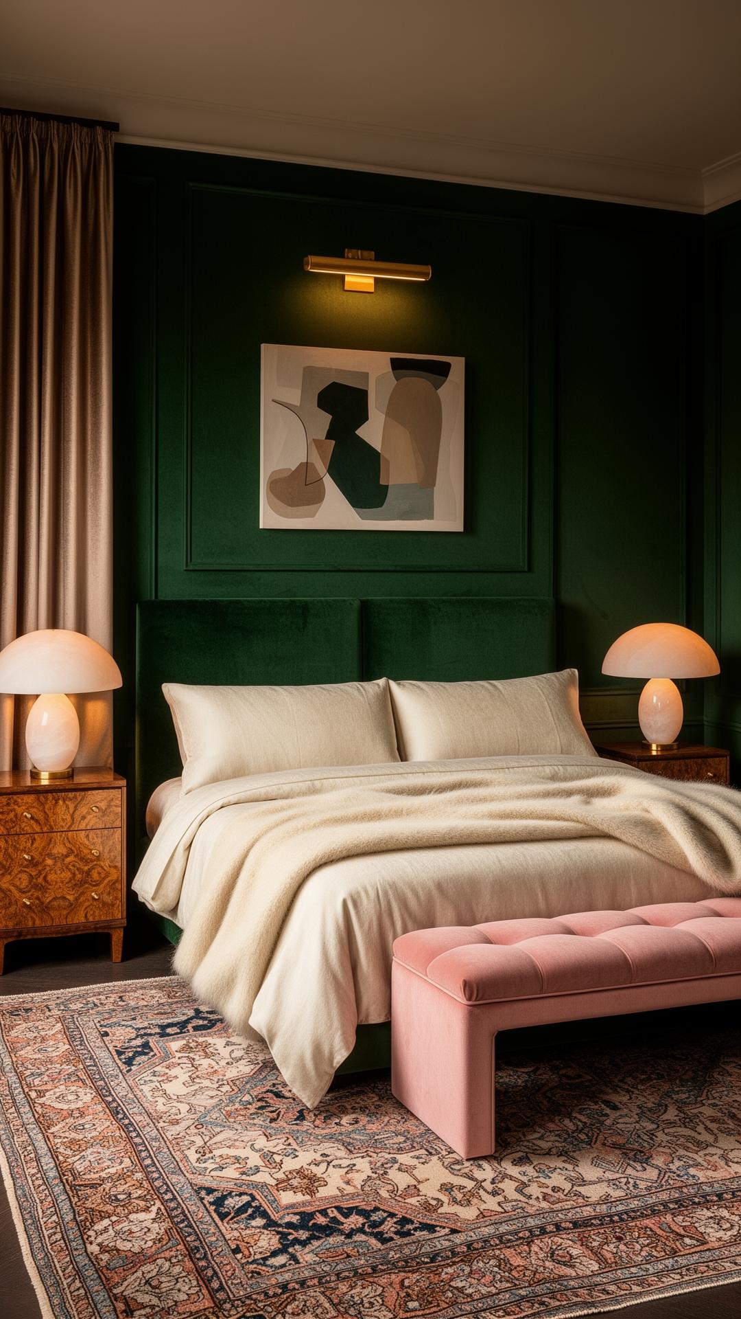 Layered bedroom with velvet textures